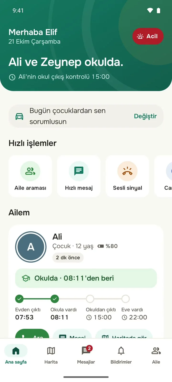 Ana sayfa: Ali ve Zeynep okulda, hızlı işlemler ve Ali'nin günlük zaman çizelgesi.